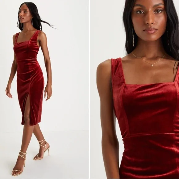 LULUS Sexy Prom Wedding Holiday Elegant Chic Shimmer Velvet Cocktail Midi - Picture 3 of 5